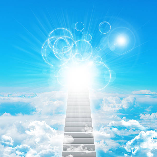 istock Stairs in sky with clouds and sun 508648461