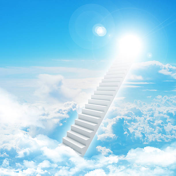 istock Stairs in sky with clouds and sun 508648829