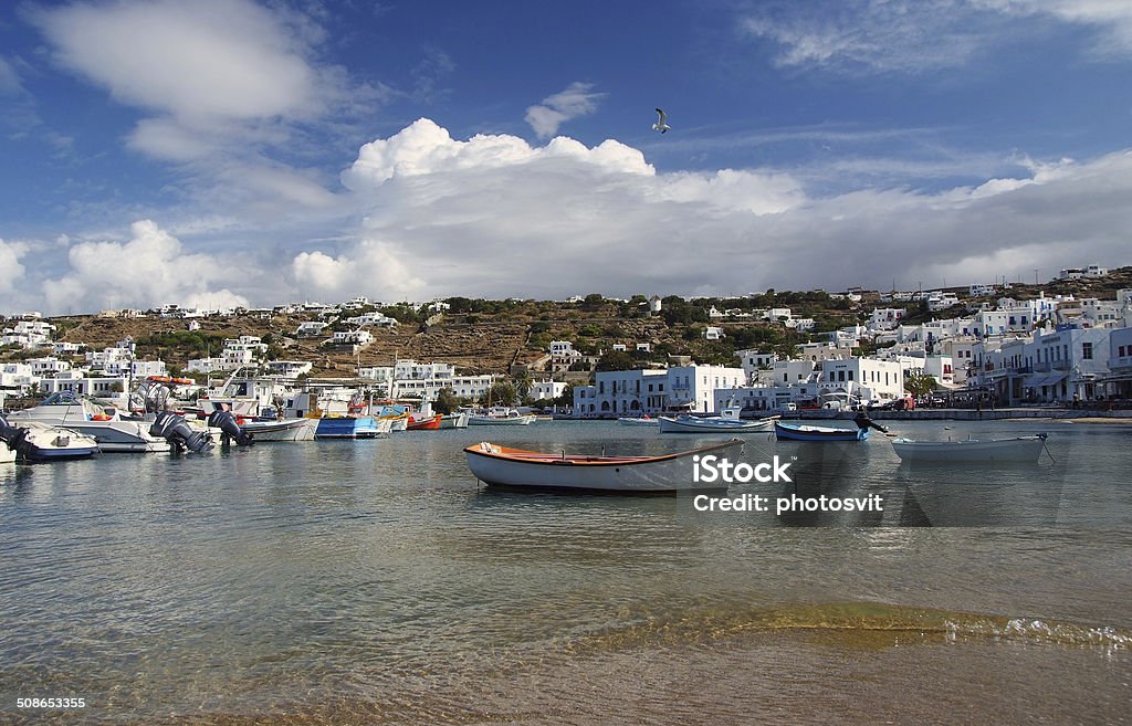 mykonos Island, Greece View of harbor in Mykonos with clear water and boats Aegean Sea Stock Photo