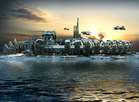 Science fiction island city with metallic ring structures on water and hoovering aircrafts in sunset for futuristic or fantasy backgrounds