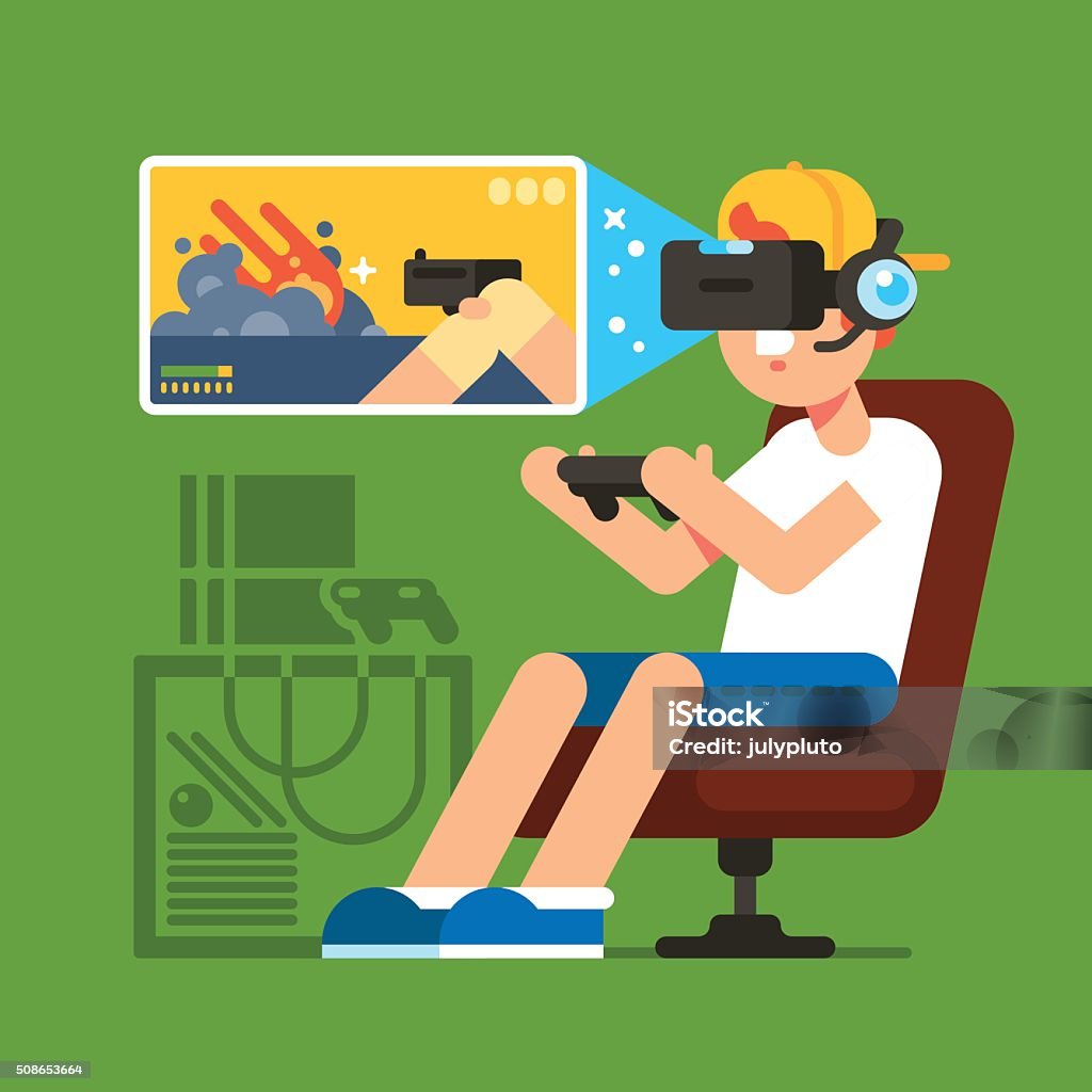 VR Gaming VR gaming. Man sitting in an armchair and playing using vr headset. Vector flat illustration. Video Game stock vector