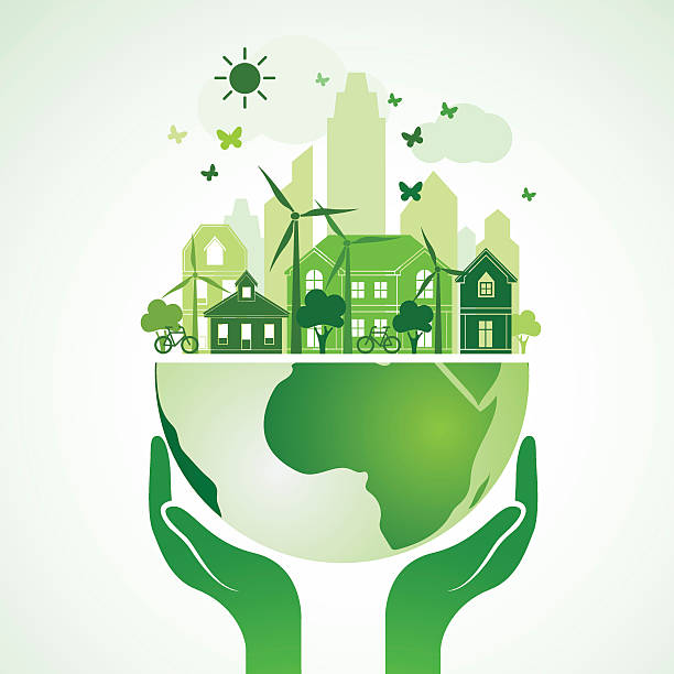 Hands earth Hands Holding The Green Earth Globe with city ,Vector Illustration how to save environment stock illustrations