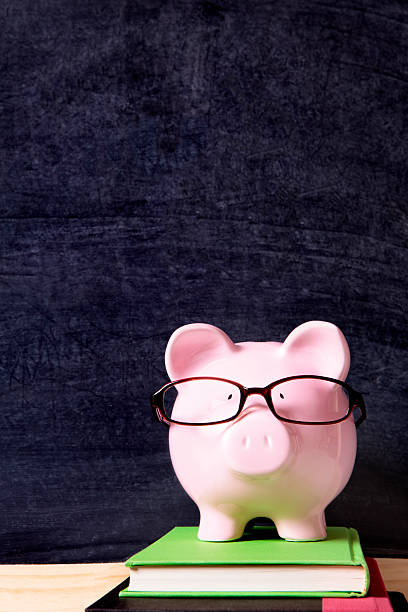 istock Piggy bank with glasses and blackboard 508661092