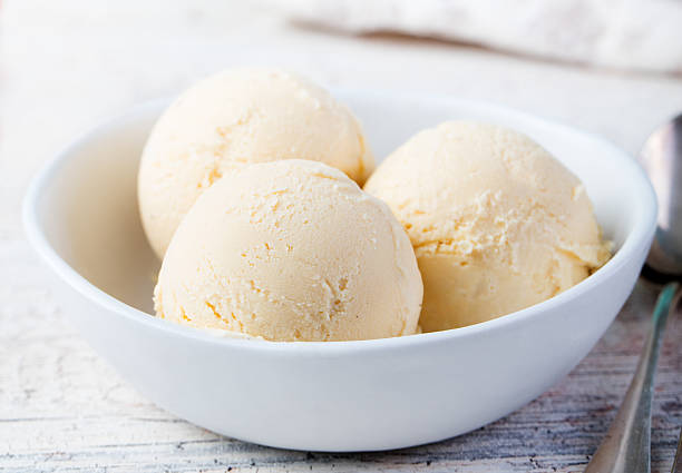 vanille-eis in der schale bio-produkt - vanilla ice cream ice ice cream organic stock-fotos und bilder