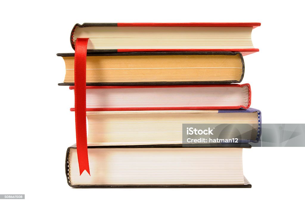 Book Stack With Ribbon Mark Small Stack Of Hardback Books With Bookmark Stock Photo - Download ...