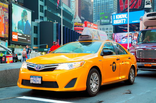 New York City - December 1, 2018: Taxi yellow cabs in Times Square