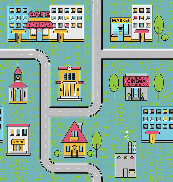 Seamless pattern with houses,roads and trees vector art illustration