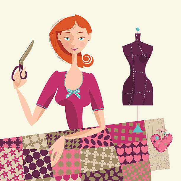 ilustraciones, imágenes clip art, dibujos animados e iconos de stock de costurera sosteniendo un tijeras. costura taller. - sewing women tailor teenage girls