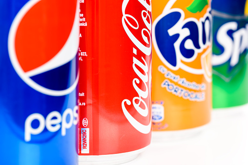 Bucharest, Romania - January 16, 2016: Pepsi, Coca Cola And Fanta are the most famous carbonated soft drinks sold in stores, restaurants, and vending machines all around the world.