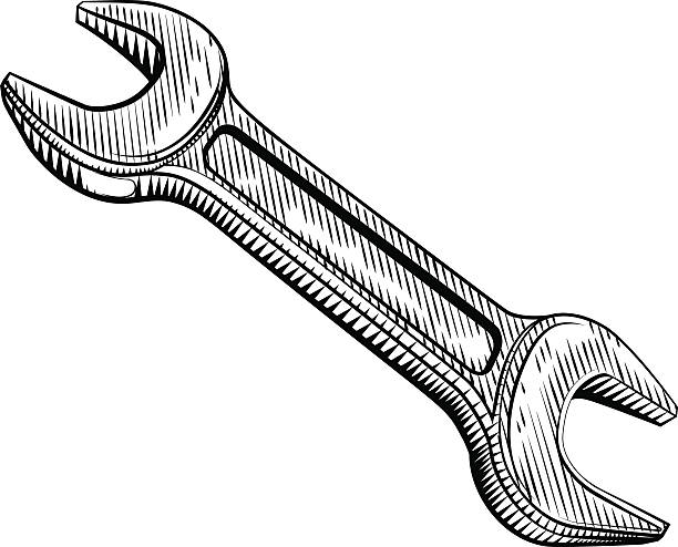 Woodcut Style Spanner A mechanic or plumbers spanner drawn in a vintage retro woodblock woodcut style drawing of hand tool stock illustrations