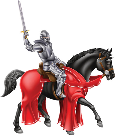 Knight mounted on a black horse holding up his sword