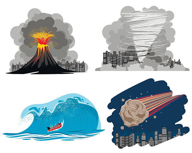 illustrazioni stock, clip art, cartoni animati e icone di tendenza di quattro catastrofi naturali - natural disaster weather symbol volcano