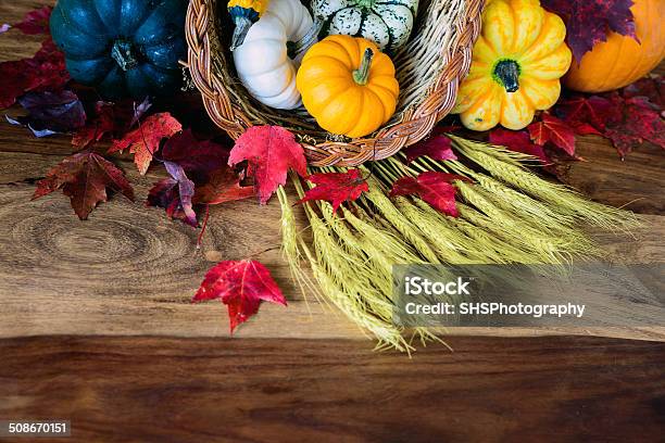 Cornucopia On Harvest Table Partial Stock Photo - Download Image Now - Abundance, Antique, Autumn