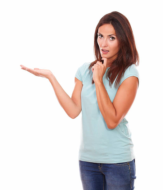 istock Surprised friendly woman holding her right hand up 508671091