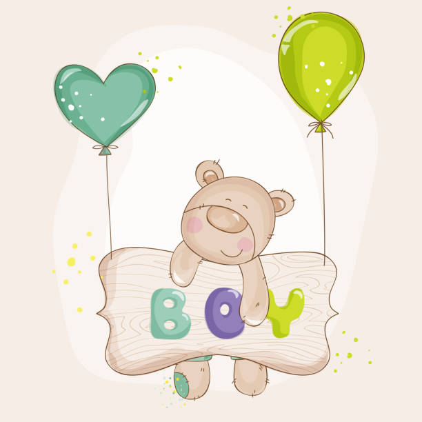 ilustrações de stock, clip art, desenhos animados e ícones de cria de urso com balões-chegada do cartão - backgrounds party birthday announcement message