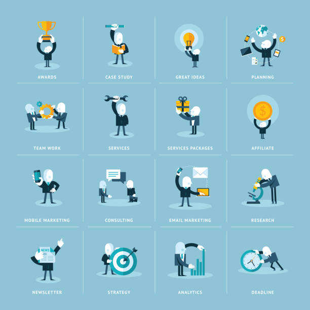 Set of flat design icons for business and marketing Set of flat design concept icons of business people graphic design case study stock illustrations