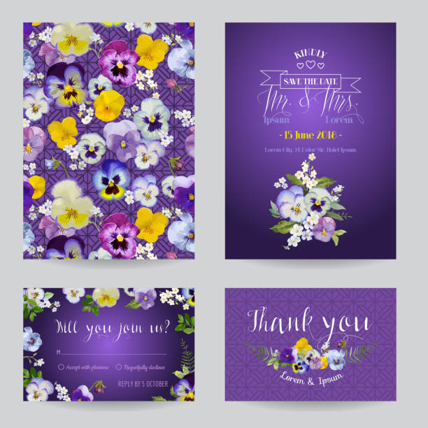 Save the Date - Wedding Invitation or Congratulation Card Set Save the Date - Wedding Invitation or Congratulation Card Set - Flower Pansy Theme - in vector pansy stock illustrations