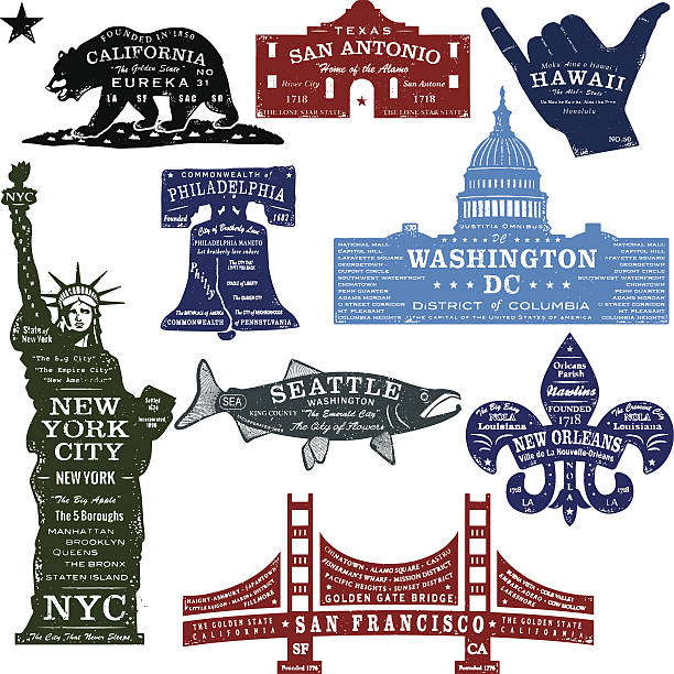 American Landmark Stamps American Landmark Typo Silhouette Stamps with descriptive text. Great for an old world style look. san francisco flag stock illustrations