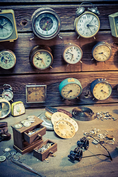 istock Old watchmaker's room with clocks to repair 508701092