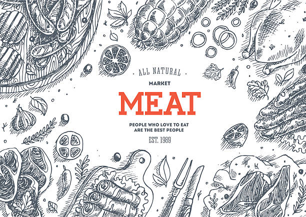 ilustraciones, imágenes clip art, dibujos animados e iconos de stock de bastidor de mercado de la carne. lineal gráfico. ilustración vintage de vista superior - steak meat barbecue vector