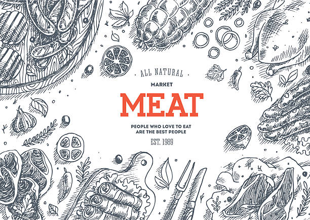 мясо на рынке оправе. линейный графический. вид сверху винтаж иллюстрация - butcher meat butchers shop steak stock illustrations