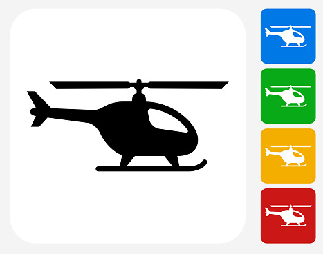 Helicopter Icon. This 100% royalty free vector illustration features the main icon pictured in black inside a white square. The alternative color options in blue, green, yellow and red are on the right of the icon and are arranged in a vertical column.