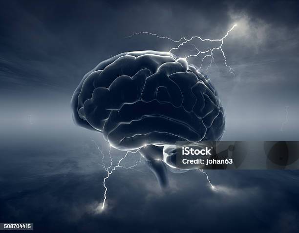 Brain In Stormy Clouds Conceptual Brainstorm Stock Photo - Download Image Now - Brain, Intelligence, Storm