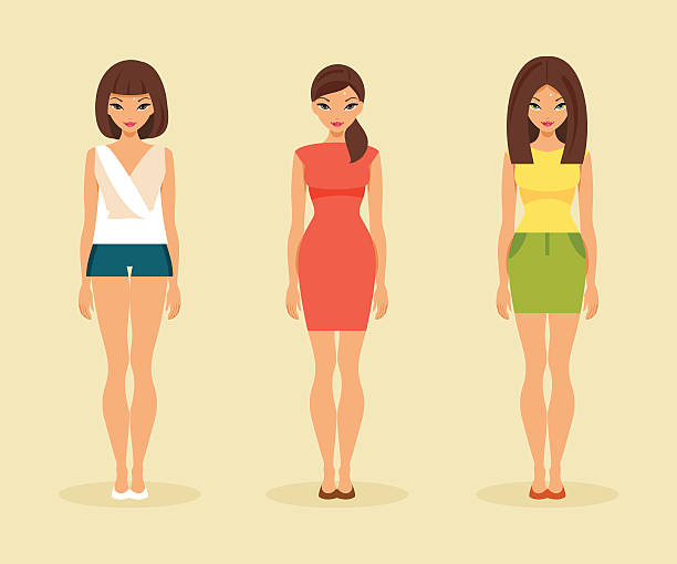 ilustraciones, imágenes clip art, dibujos animados e iconos de stock de tres chicas en ropa de verano. ilustración vectorial - river wear illustrations