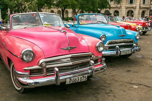 havana, Сuba - January 19, 2016: old historical american cars are parked at street of havana cuba