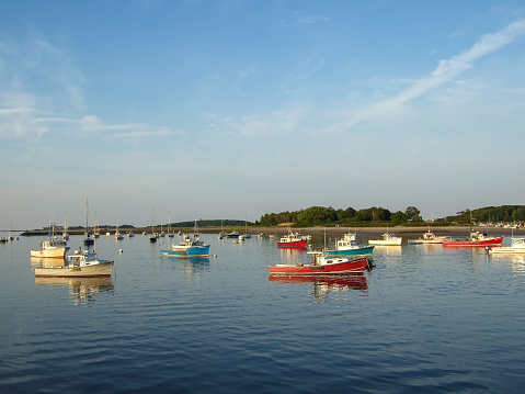 Vintage wooden boats on the water at Cohasset Harbor, Massachusetts