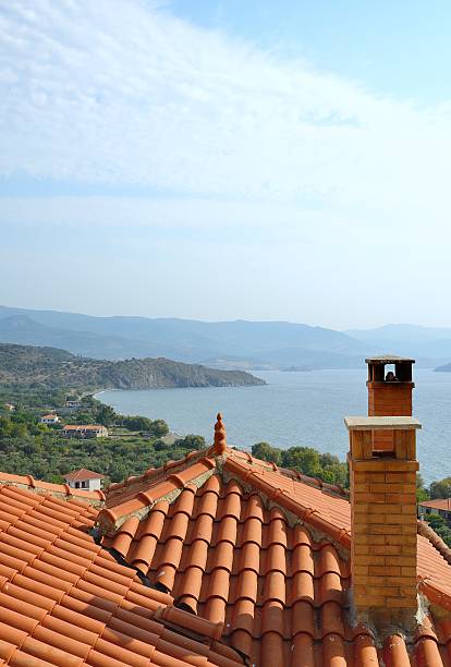 View from old town Molyvos overlooking the rooftops stock photo