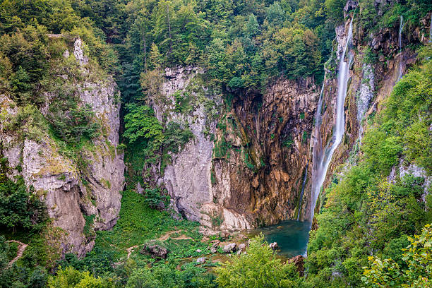 View from above to beautiful waterfall at the Plitvice Lakes National Park, Croatia