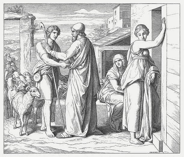 ilustrações, clipart, desenhos animados e ícones de os casamentos de jacob (gênesis 29), entalhes de madeira, publicado 1860 - lea