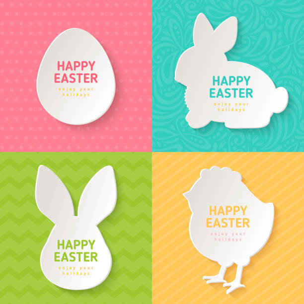 Easter Greeting Cards with Paper Cut Symbols Happy Easter Greeting Cards with Paper Cut Easter Symbols. Vector illustration. Easter Egg, Bunny Rabbit, Chicken. Colorful ornate backgrounds, polka dots, zig zag, stripes. easter patterns stock illustrations