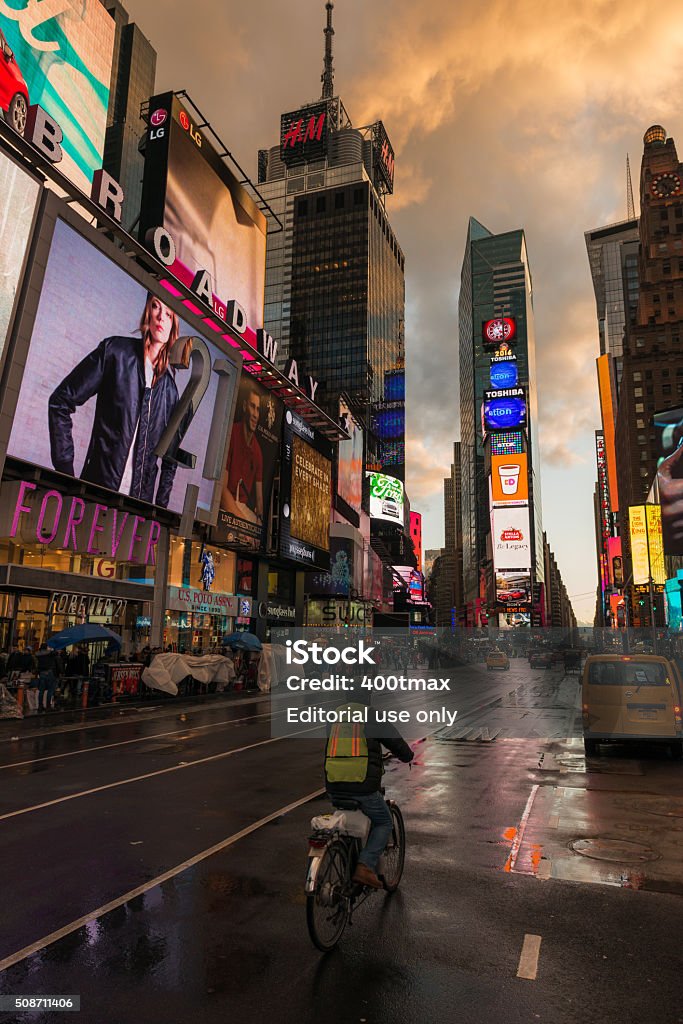 1540 Broadway New York, USA - January 10, 2016: The famous illuminated billboards of 1540 Broadway in Times Square at sunset. Advertisement Stock Photo