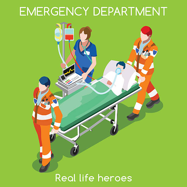 Hospital 22 People Isometric Clinic Emergency Department Ambulance Service. First Aid and Hospitalization Set. Adult Patient on Stretcher carried by Hospital Staff Nurse Volunteers. NEW bright palette 3D Flat Vector People hospital emergency stock illustrations