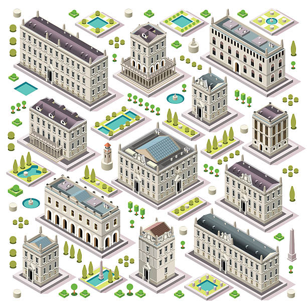 mapa miasta, zestaw 06 p�łytki izometryczny - built structure building exterior building activity town stock illustrations