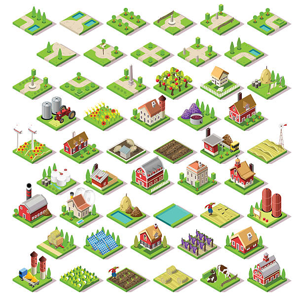 stadtplan-set 03 fliesen isometrische - haus bauen spiele stock-grafiken, -clipart, -cartoons und -symbole