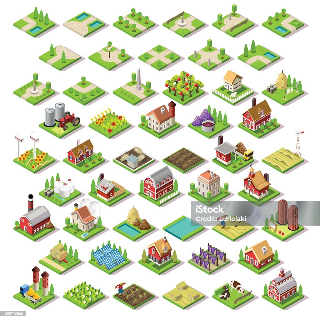 City Map Set 03 Tiles Isometric Flat 3d Isometric Farm Buildings City Map Icons Game Tiles Elements Set. NEW bright palette Rural Barn Buildings Isolated on White Vector Collection. Assemble Your Own 3D World Isometric Projection stock vector