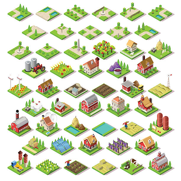 City Map Set 03 Tiles Isometric Flat 3d Isometric Farm Buildings City Map Icons Game Tiles Elements Set. NEW bright palette Rural Barn Buildings Isolated on White Vector Collection. Assemble Your Own 3D World flooring illustrations stock illustrations