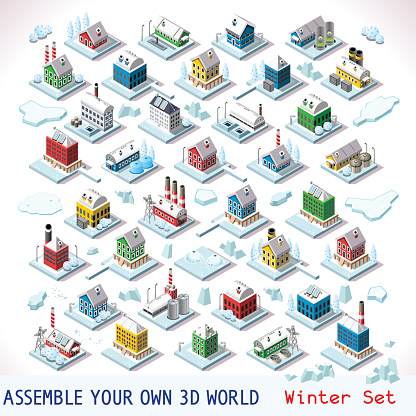 Vector isometric buildings. Winter Snow Ice Nordic Villas Private Estate Set. Flat 3D Urban City Map Isolated Elements Hotel Gardens and Other Isometry Isometric Infographic Game Tiles MEGA Collection