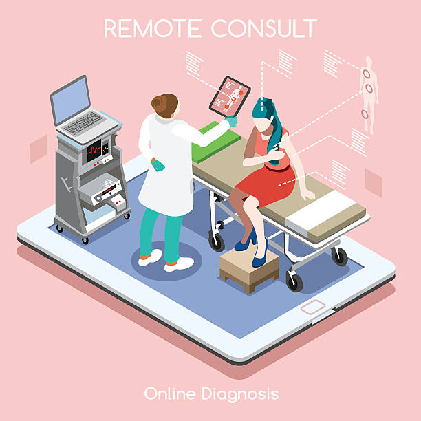 illustrations, cliparts, dessins animés et icônes de télécommande médecin 2 personnes isométrique - doctor digital display digital tablet healthcare and medicine