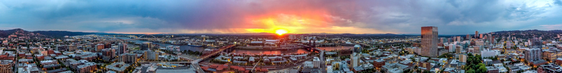 Aerial panorama taken of a Portland sunrise, taken with a drone.