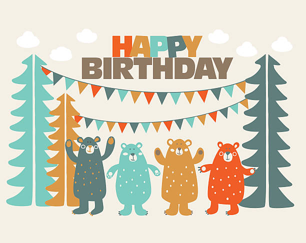wszystkiego najlepszego z okazji urodzin, piękne karty z śmieszne ładna niedźwiedzie w lesie - north american tribal culture environment child plant stock illustrations
