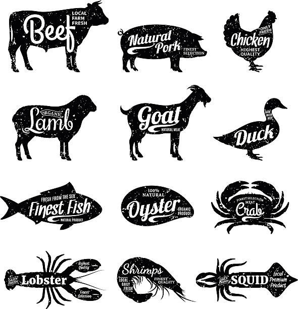 rzeźnik w sklepie i owoce morza etykiety sklep - pig silhouette animal livestock stock illustrations