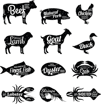 Set of butchery and seafood labels. Farm animals and seafood with sample text. Retro styled farm animals and seafood silhouettes collection for groceries, meat stores, seafood shop and advertising.