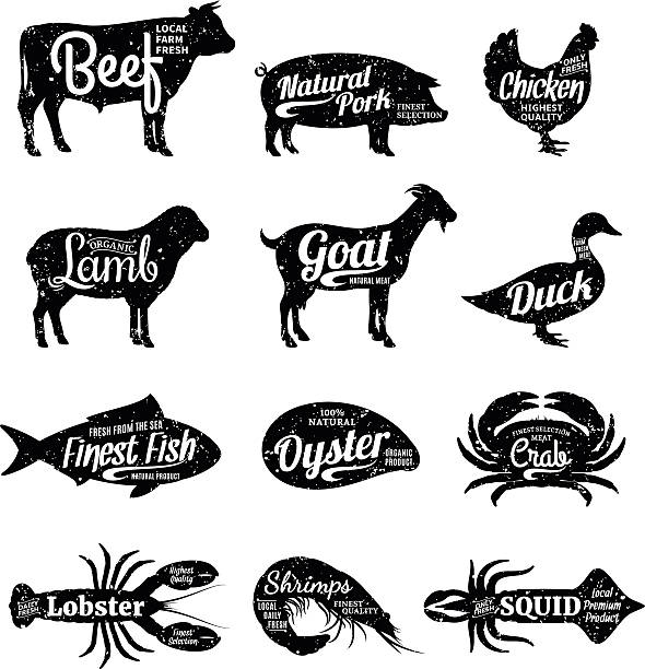 Butcher Shop and Seafood Shop Labels Set of butchery and seafood labels. Farm animals and seafood with sample text. Retro styled farm animals and seafood silhouettes collection for groceries, meat stores, seafood shop and advertising. meat silhouettes stock illustrations