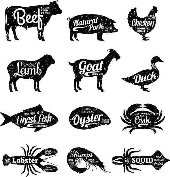 Vector illustration of Butcher Shop and Seafood Shop Labels