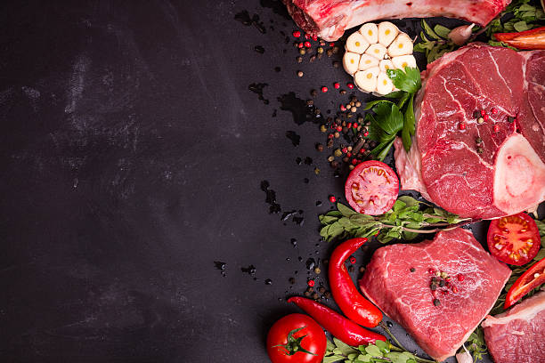 istock Raw meat steaks on a dark background ready to roasting 508748418