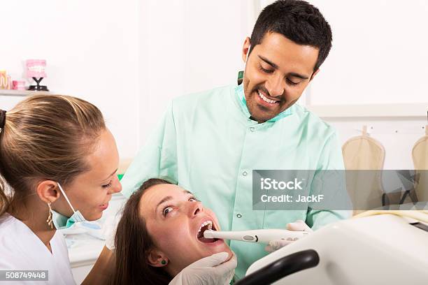 Dentist Examines The Oral Cavity Stock Photo - Download Image Now - 25-29 Years, Adult, Camera - Photographic Equipment